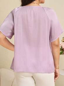EMERY ROSE Plus Size Casual Solid Color Short Sleeve Shirt - Purple - View 4