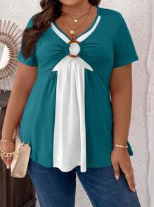 SHEIN LUNE Plus Size Women Contrast Ruffle Short Sleeve Casual T-Shirt - Teal Blue - View 4