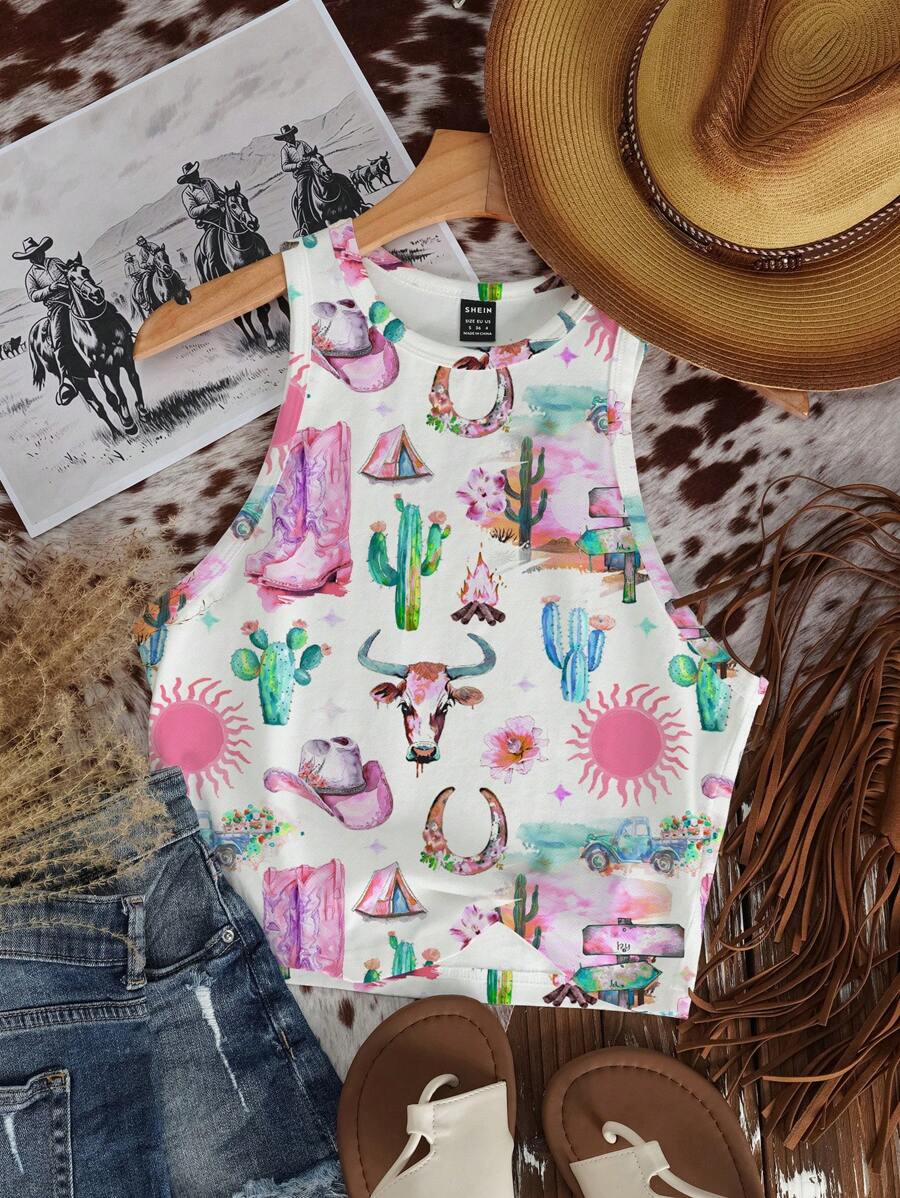 SHEIN EZwear 休闲简约波西米亚风节日彩色涂鸦印花紧身圆领女式背心适合夏季 - 白色 - 查看 1