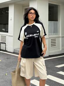 SHEIN Set di felpa oversize a contrasto di colori e pantaloni cargo casual sportivi per ragazze adolescenti, outfit con giacca con collo rotondo vestibilità morbida, stile casual sportivo per autunno/inverno, ritorno a scuola