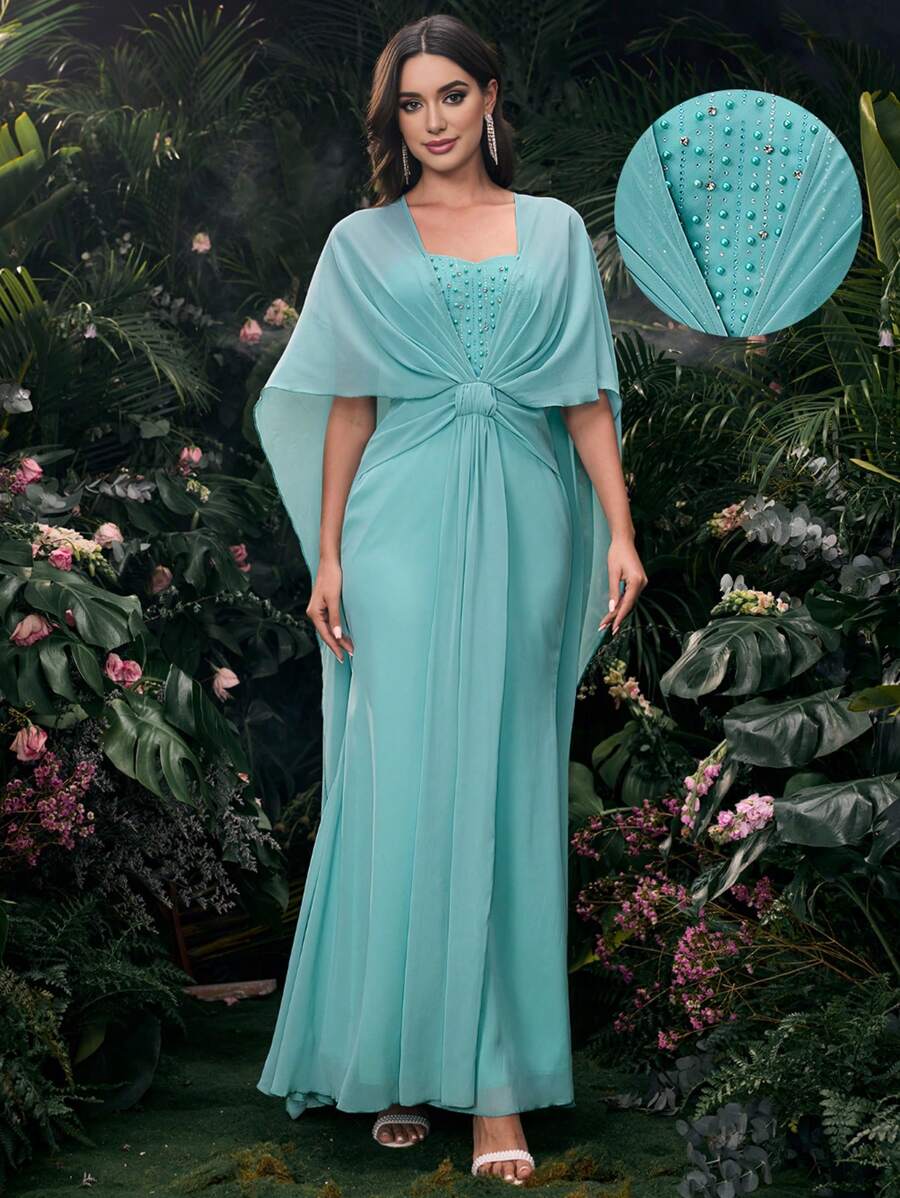 Coutiva Simple Elegant Diamond And Pearl Embellished Cinched Waist Midi Dress, Bridal Shower Music Festival  Spring/SummerMusic Festival  Spring/Summer - Mint Green - View 1