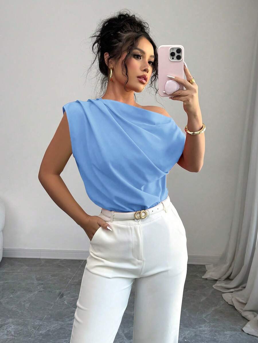 Elenzga Áo sơ mi nữ cổ bẻ xếp ly màu trơn, thời trang tối giản mùa hè - Màu xanh nhạt - Xem 1