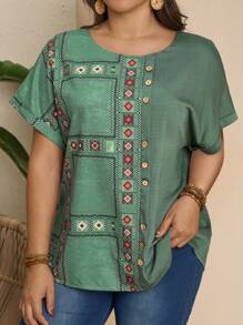 Rusticease Plus Size Round Neck Batwing Sleeve Front Button Geometric Pattern Vacation Linen Blouse Country Spring For Women Summer For Women - Multicolor - View 3