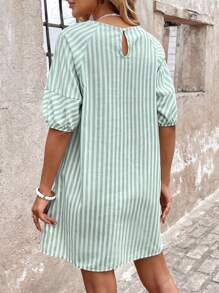 SHEIN LUNE Summer Casual Green Stripe Women Loose Fit V-Neck Doll Dress  Ibiza European Summer Emerald Green Dress  Women Summer Clothes Summer Dressesvacation Outfits Women Summer Dresses For Women - Green - View 3