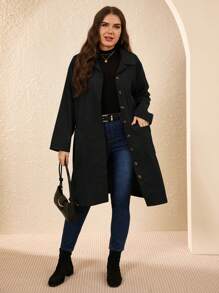 EMERY ROSE Plus Size Country Corduroy Double Pocket Button Placket Midi Coat,Fall Winter Autumn - Black - View 5