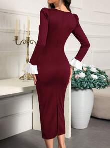 Modelyn 女士方领拼色水钻装饰优雅长袖连衣裙长款晚礼服 - 酒紅色 - 查看 2