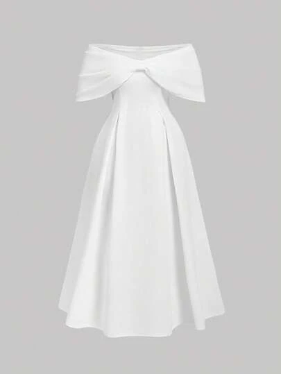 SHEIN MOD Plus Size Retro Bow Decor Open Shoulder Dress Women White Dress Women Dresses Elegant Gown White Dress For Women Women Elegant Dresses Wedding Dress Bridal Zipper White Dresses For Women Women Midi Dresses White Dress With Bow White Dress Formal White Bow Dress White Dresses For Women Elegant Women Maxi Dress Bow Dresses For Women,Graduation Dress,Birthday Dresses For Women