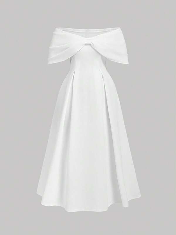 SHEIN MOD Vestido de hombros abiertos con decoración de moño en talla grande, vestido blanco elegante para mujer, vestido de gala blanco, vestido de boda, vestido midi blanco con moño, vestido formal blanco, vestido blanco con moño, vestido largo blanco elegante para mujer, vestido de graduación