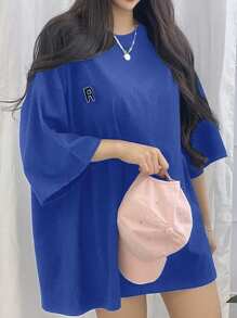 女士休闲宽松字母印花圆领T恤夏季超大码T恤 - 藏蓝色 - 查看 3