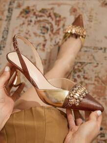 CUCCOO TILAWA Women's Elegant Pointed Toe High Heel Shoes, Sparkling Crystal Decor, Color Blocking, Stiletto Heel, Metallic Material, Perfect For Parties, Formal Events, Ceremonies - Brown - View 5