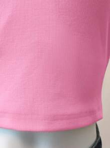SHEIN EZwear Pink Rib Knit Women's Contrast Lace Crop Cami Top - Pink - View 6