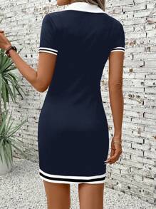 SHEIN LUNE Women's Fashion Casual Sexy Short Sleeve Midi Dress, Halter Neck, Half Button-Front, Color Blocking, Fitted Silhouette, Color Contrast Collar, Cuff, And Hem