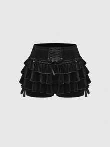 ROMWE Goth Vintage dunkelsamtige Shorts mit gerüschtem Saum, Schleifenvorderteil, blendfreie Damen