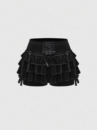Goth Vintage Dark Velvet Ruffle Hem Front Tie Bow Anti-Flash Women Shorts