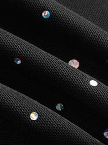 Muchica Sparkling Mesh Fabric Backless Cropped Halter Top - Black - View 4