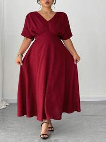 SHEIN CURVE+ Vestidos de cumpleaños talla grande CURVE+, vestidos de fiesta, elegantes, formales para mujeres, vestidos de noche, vestido rojo, plisado