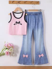 2 pièces/Set mode de rue décontractée pour jeune fille. Ensemble mignon avec veste à imprimé papillon et colorblock et pantalon évasé à effet denim