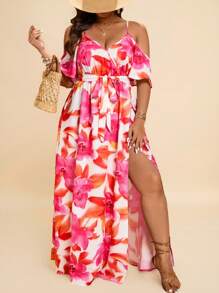 Travachic Plus Size Women Floral Print Off Shoulder Split Hem Vacation Dress Summer Outfits Beach Outfits For Woman Graduation Outfit Brunch Outfits For Women St Patrick Spring Break Rave Outfits Festival Elegant Vacation Outfits Woman Casau Western Cute Boho  Floral Beach Spring Clothes Brunch Outfits For Women Old Money Tropical Vacation Woman Clothes,Beach Dress Sundress,Holiday Outfits