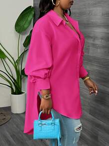 SHEIN CURVE+ Plus Size White Lantern Sleeve Shirt For Spring - Hot Pink - View 7
