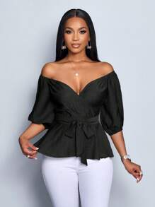 SOLERSUN 露肩优雅性感休闲办公室商务波西米亚花卉印花衬衫秋季上衣秋冬感恩节返校教师 - 黑色 - 查看 7