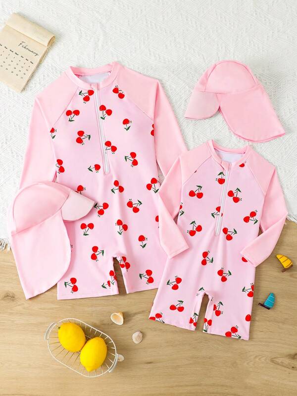 Traje de baño de una pieza de estilo minimalista, dulce y cómodo con estampado de cerezas para niñas preadolescentes, estampado aleatorio