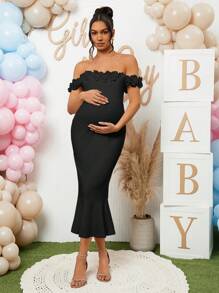 Loomaby Maternity Dress With 3D Floral Off Shoulder Design, Suitable For Gender Reveal Party And Baby Shower - Black - View 1