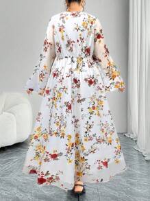 Modelyn 大码女式花卉印花雪纺优雅连衣裙 - 白色 - 查看 2