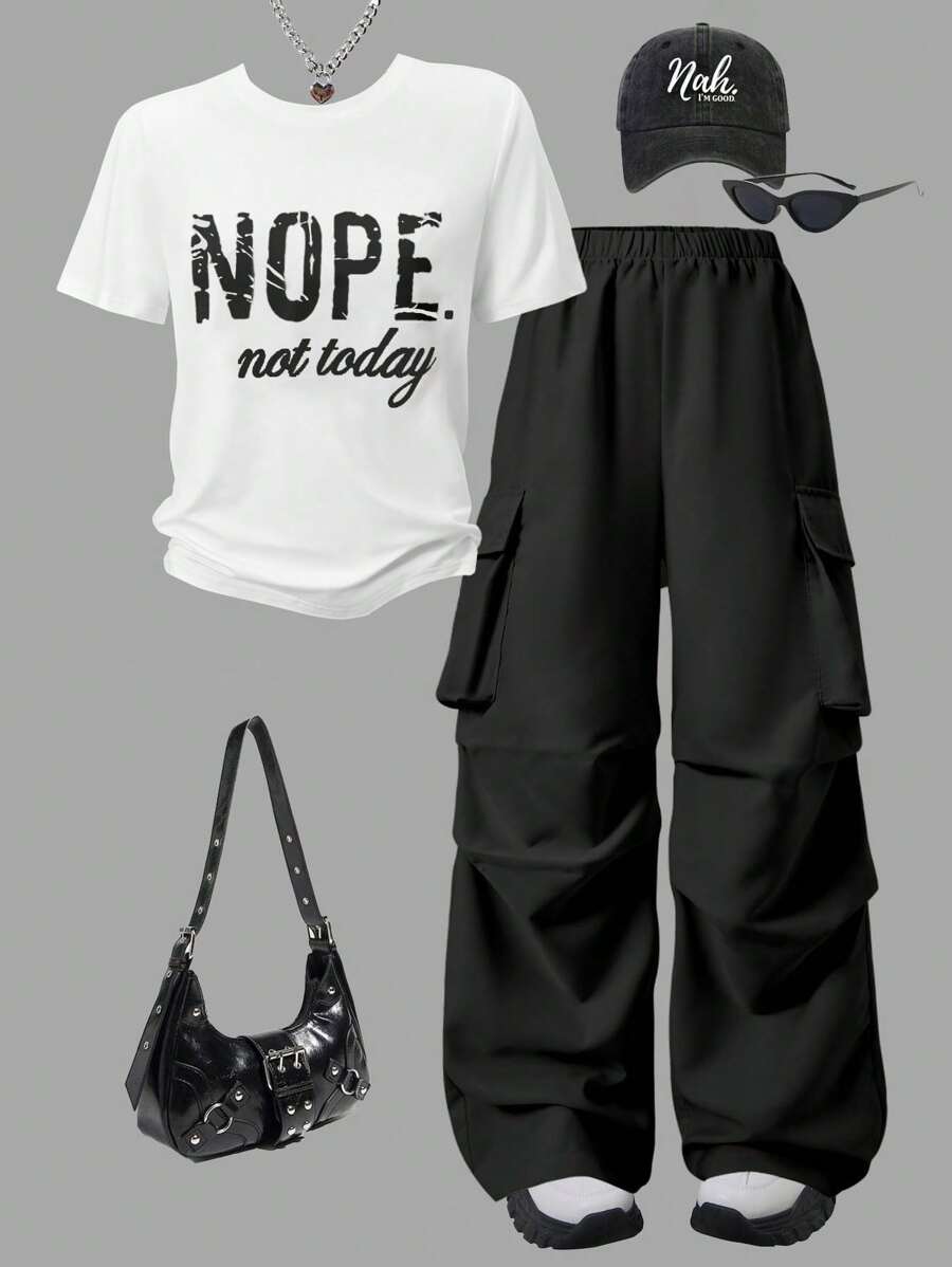 SHEIN ChillGRL 2 件套青少年女孩字母印花圆领 T 恤 + 工装裤，休闲街头风格 - 黑色 - 查看 1