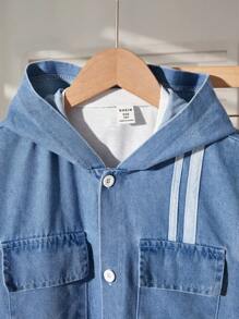 Explorewe Tween Boy Striped Denim Cargo Pocket Hoodie Vest, Round Neck Short Sleeve T-Shirt And Shorts 2Pcs Set Boys Clothes Outfit Sets