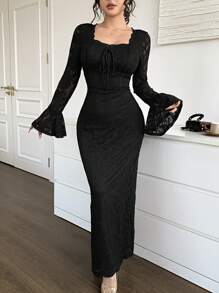 Feyla 女士优雅纯色蕾丝喇叭袖连衣裙 - 黑色 - 查看 6