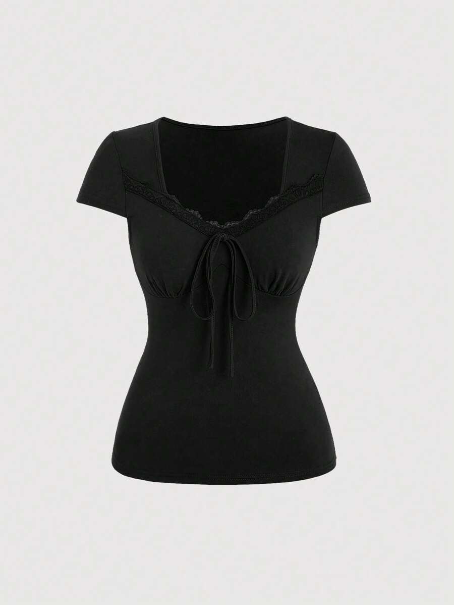 Sweetra Women's Lace Floral Patchwork Sweetheart Neckline T-Shirt - Black - View 1