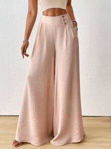SoleilVie Fall Women Clothes Women's Solid Color Waist Button Design Wide Leg Loose Casual Pants - Dusty Pink - View 3