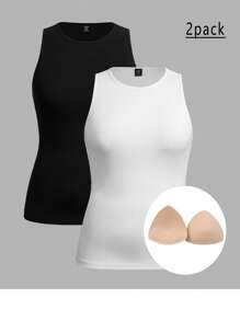 SHEIN EZwear 2 Set Plus Size Round Neck Thick Strap Padded Camisole And Tank Top, Suitable For Summer - Black and White - View 1