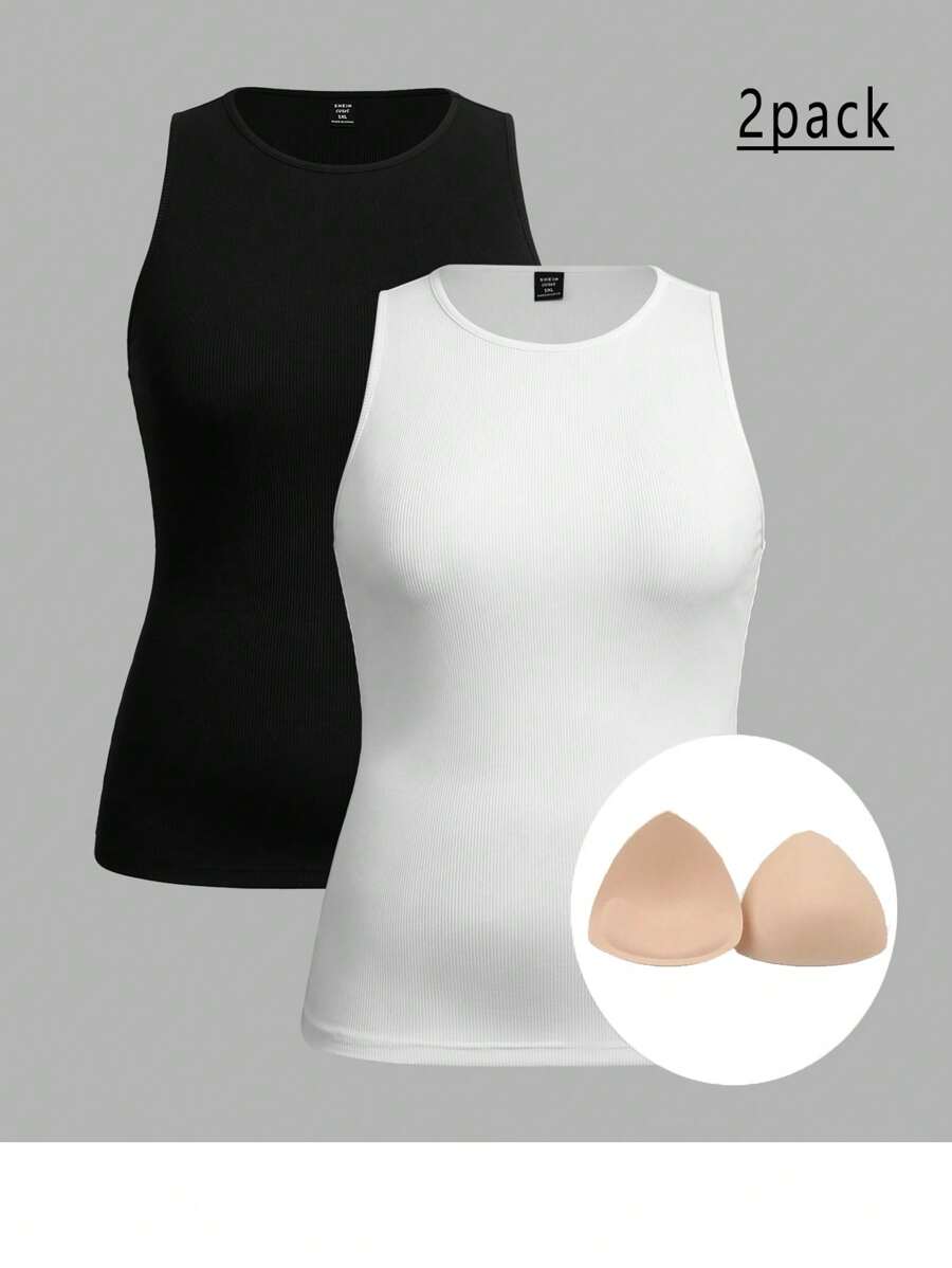 SHEIN EZwear 2 Set Plus Size Round Neck Thick Strap Padded Camisole And Tank Top, Suitable For Summer - Black and White - View 1