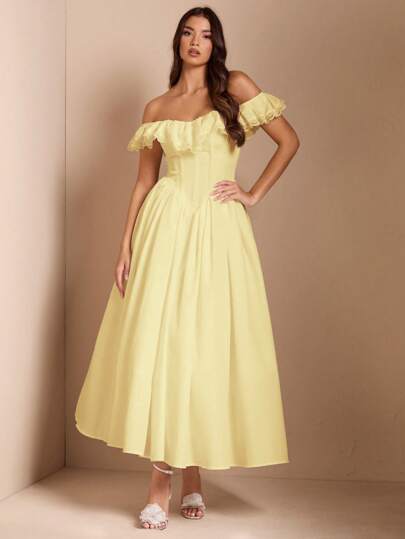 SHEIN BAE Solid White Elegant Shoulder Off Contrast Lace Fitted Romantic Long Bubble Dress Suitable For Graduation Party, Formal Occasions, Cocktail Party, Romantic Date, Autumn/Winter Underlayer Dress, Party, Nightclub Party, Formal Gathering, Bridesmaid Dress, Night Out Dress, Halloween Dress, Christmas Dress,Butter Yellow