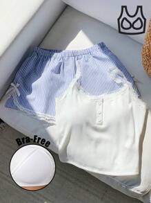 SHEIN Comfortcana 2pcs Women Summer Solid Color Lace Trim Cami & Striped Shorts Set - Blue - View 4