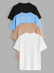 SHEIN Set de 4 camisetas de manga corta de punto holgadas de cuello redondo en color liso para adolescentes