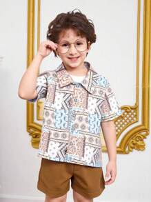 SHEIN Toddler Boys Vintage Casual Printed Shirt With Matching Vintage Sporty Shorts Set, Comfortable And Fashionable For Summer Outings - Multicolor - View 3