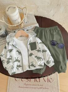 Conjunto de 2 piezas para bebé niño/niña, chaqueta ligera con capucha estampado de dinosaurio en contraste de color y pantalón liso de unicolor, adecuado para primavera, verano, otoño y viajes al aire libre