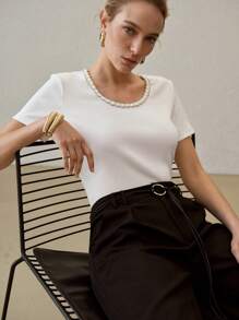 MOTF PREMIUM SOLID TAPE TRIM SHORT SLEEVE TEE,SUMMER OUTFITS - White - View 4