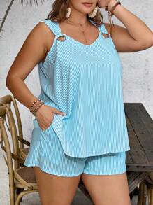 SHEIN VCAY Plus Size Women Blue & White Striped Vest & Shorts 2 Pieces Beach Set, Summer,Holiday Outfits - Mint Blue - View 4