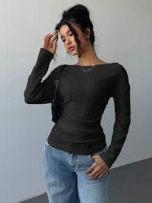 Siren Gaze 女款纯色斜肩领T恤百褶收腰显瘦单肩上衣春夏杏色纹理上衣 - 黑色 - 查看 5