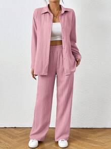 SHEIN PETITE 2件組女款純色長袖單排扣襯衫與長褲休閒套裝，適合嬌小女性 - 粉色 - 查看 6