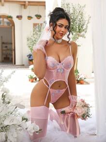 女士花卉刺绣网眼性感胸罩 - 粉色 - 查看 3