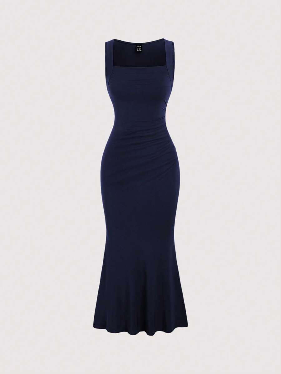 Sweetra Women'S Square Neck Pleated Sleeveless Dress Burgundy Maxi Women Outfit - Navy Blue - View 1