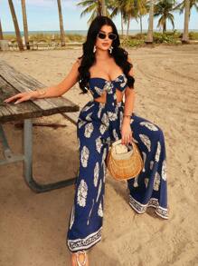 SHEIN SXY 波西米亚风休闲夏日度假套装，蓝色复古印花全身度假装，系带前短款上衣 + 超阔腿裤 2 件套，适合音乐节、派对、节日、日常穿着 - 彩色 - 查看 6