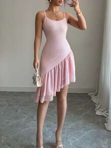 Chiquease Pink Asymmetric Ruffle Trim Cute Camisole And Mini Skirt Set - Pink - View 3