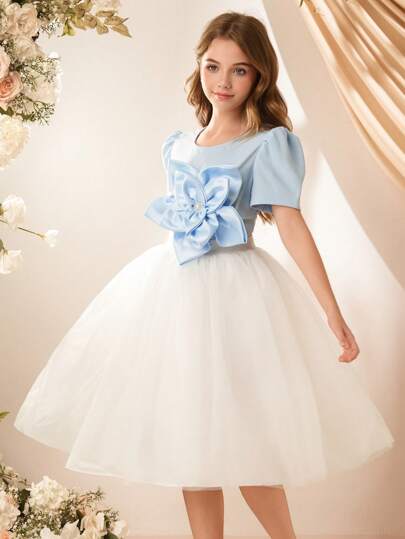 SHEIN Tween Girl' 可爱优雅花卉 3D 泡泡袖上衣和网纱芭蕾舞裙 2 件套，适合外出、旅行、聚会、舞蹈和上学