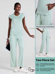 Scrubzie 1 set femeie cu decolteu în V cu mâneci crestate și pantaloni uniformă pentru scrub, culoare uni simplă