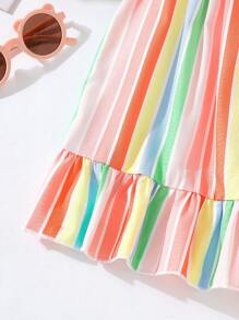 SHEIN Baby Girl Summer Korean Casual Cute Multi-Color Stripe Print Woven Dress